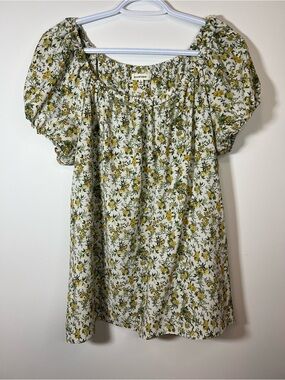 Max Studio White Floral Chic Puff-Sleeve Blouse with Yellow Print Women’s Large